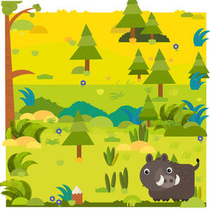 卡通森林场景与野生动物野猪插图儿童