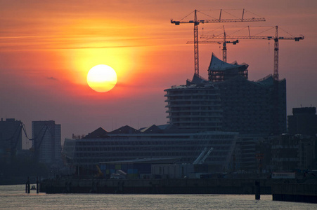 太阳 日落 德国 港口 闪耀 汉堡