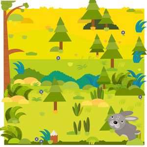 卡通森林场景与野生动物兔子兔子插图