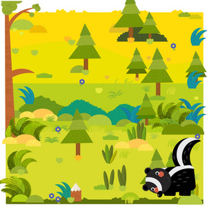 卡通森林场景与野生动物臭鼬儿童插图