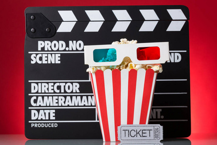 Paper square box popcorn, 3Dglasses, movie tickets 