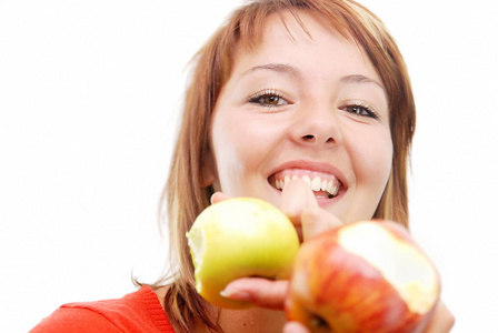 适合 面对 微笑 女孩 水果 苹果 甜的 食物 漂亮的 午餐