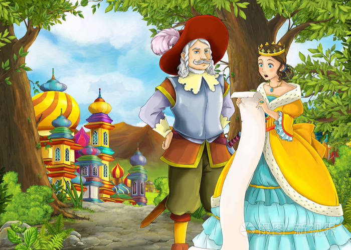 卡通自然风景与美丽的城堡王子和王子