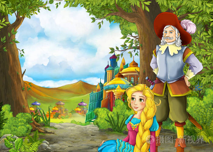 卡通自然风景与美丽的城堡王子和王子