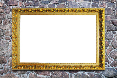 天然石墙上白色隔离的长方形框架照片