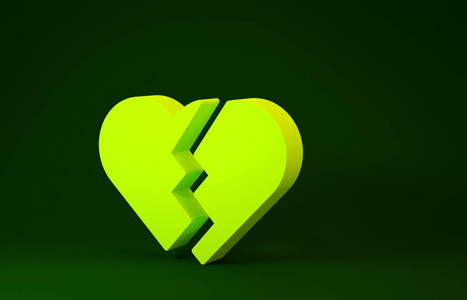 黄色破碎的心或离婚图标孤立在绿色背景上.爱的象征.情人节.