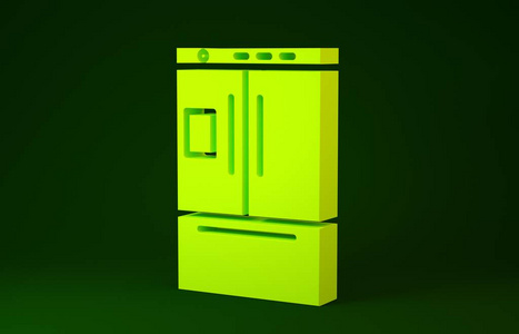 绿色背景上隔离的黄色冰箱图标。冰箱冰箱。家用技术和家用电器。极简主义概念。三维插图三维渲染