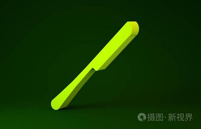 黄色刀图标隔离在绿色背景上。餐具符号。极简主义概念。三维插图三维渲染
