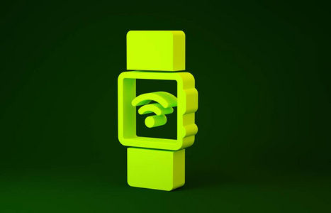绿色背景上隔离无线符号图标的黄色智能手表。极简主义概念。三维插图三维渲染