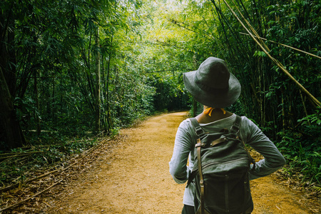 旅行者背包女独自走在小路树隧道在纳图