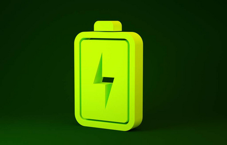 绿色背景上隔离的黄色电池图标。避雷针符号。极简主义概念。三维插图三维渲染