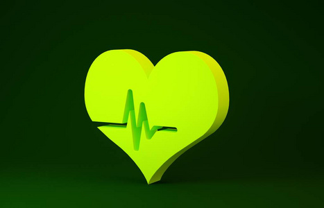 绿色背景上隔离的黄色心率图标。心跳信号。心脏脉冲图标。心电图图标。极简主义概念。三维插图三维渲染