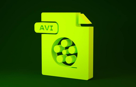 黄色AVI文件文档。下载avi按钮图标隔离在绿色背景上。AVI文件符号。极简主义概念。三维插图三维渲染
