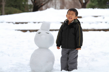 婴儿 微笑 人类 雪人 冬天 蹒跚学步的孩子 蓝天 小孩