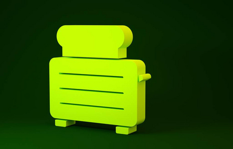 黄色烤面包机，绿色背景上有独立的烤面包图标。极简主义概念。三维插图三维渲染