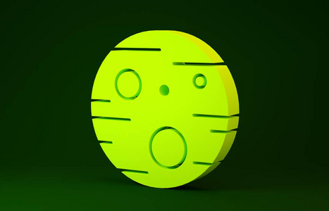 绿色背景上孤立的黄色行星火星图标。极简主义概念。三维插图三维渲染