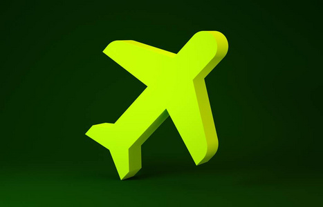 绿色背景上隔离的黄色平面图标。飞行飞机图标。客机标志。极简主义概念。三维插图三维渲染