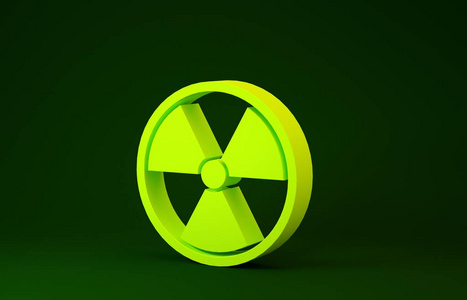 绿色背景上隔离的黄色放射性图标。放射性毒性符号。辐射危害标志。极简主义概念。三维插图三维渲染