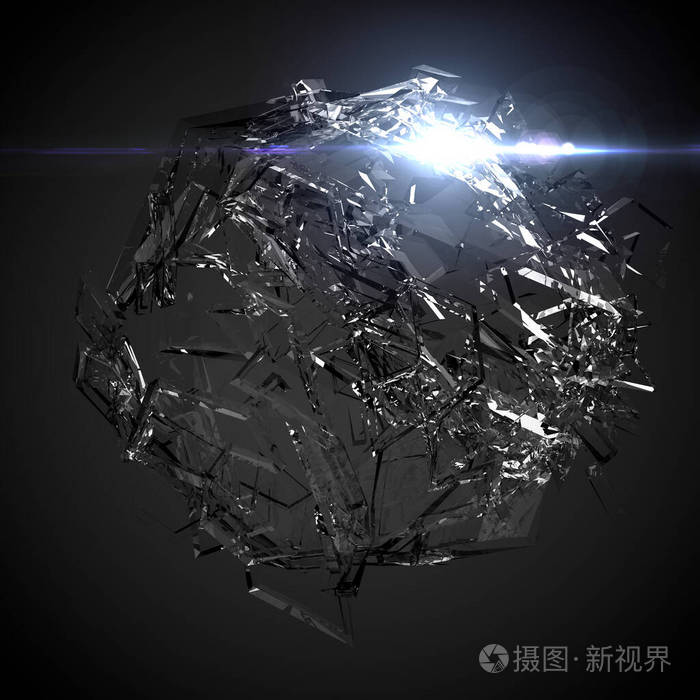 碎玻璃球黑色背景三维插图三维渲染