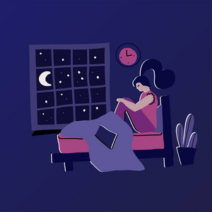 失眠的女人.现代手绘平面概念与悲伤不快乐的年轻女子晚上坐在床上.