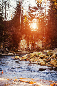 Wild river in mountains. Amazing, charming and mysterious magic 