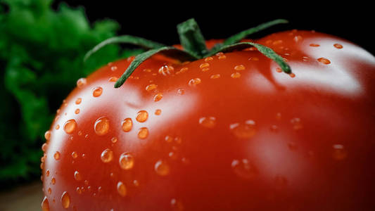 成熟的红番茄和水滴在绿色沙拉的背景