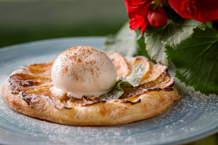  french apple tart with a ball of  cream decorated with mint 
