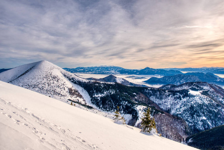 斯洛伐克风景如画的高原，有雪山冷杉天空和雾