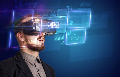 商人透过虚拟现实眼镜看科技概念