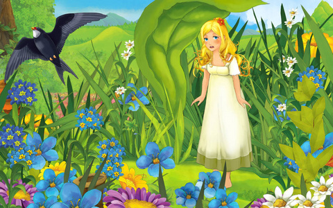 cartoon scene with young beautiful tiny girl in the forest with 