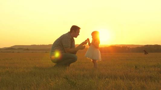 孩子和父亲在草地上采花。小女儿和爸爸手牵着手走在草地上。孩子握着父亲的手。一家人晚上在城外散步。爸爸和宝宝在公园里。