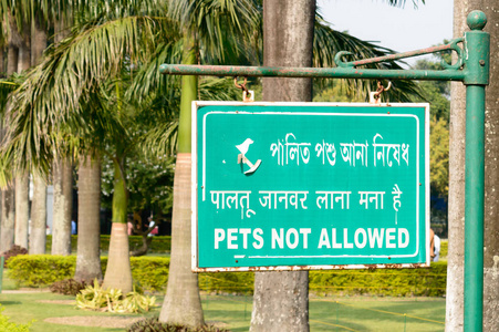 公园花园内禁止携带宠物。禁止携带宠物标志牌。权限概念背景。