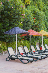 Empty sunbeds with colored umbrellas are in a row near the sea. 