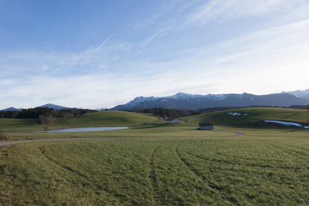 风景 小山 自然 乡村 草地 小屋 冬天 提出 巴伐利亚