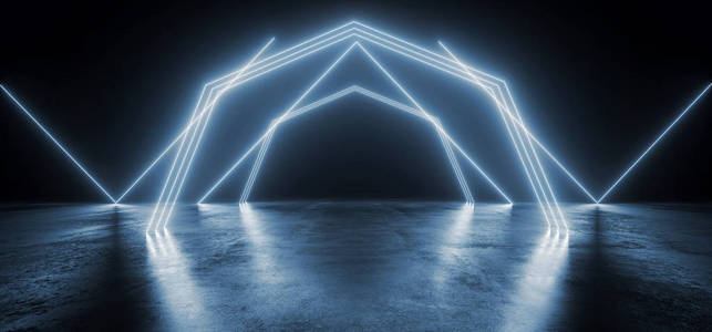 霓虹灯发光激光弧光蓝色潘通形状灯在黑暗的车库U