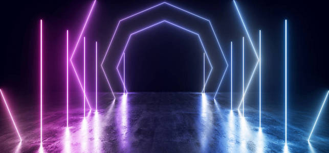 潘通蓝霓虹灯发光激光弧蓝紫色潘通形状光在黑暗中g照片