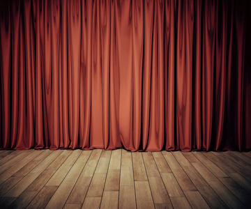 红幕舞台高分辨率的空灰色垃圾风景与竹席墙和老打结松木板舞台剧院