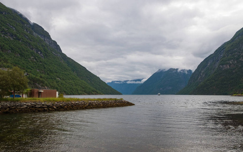 Hellesylt，挪威的一个小村庄，位于Geiranger峡湾附近。2019年7月