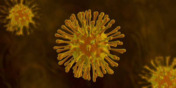 Yellow viruses with hairs floating on a dark yellow background. 