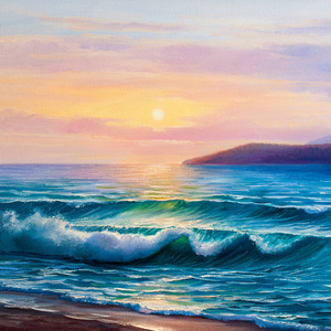 夕阳大海水粉画图片