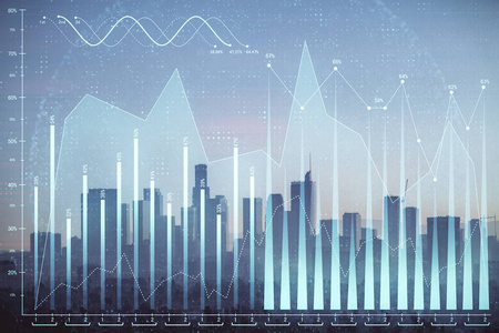 外汇图表城市景观与摩天大楼壁纸双重曝光。金融研究概念。