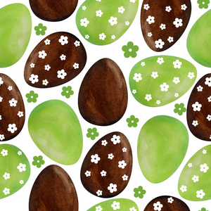 无缝水彩手绘图案快乐复活节彩蛋绿褐色巧克力色圆点装饰。彩色宗教基督教符号为卡片请柬设计庆典装饰。