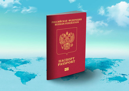 背景为云的世界地图上的俄罗斯护照