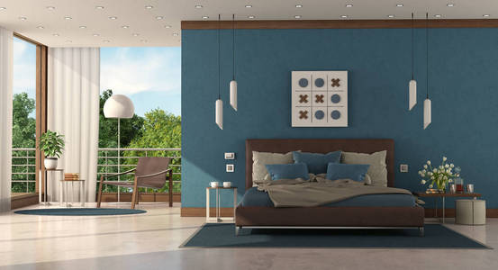 现代别墅的现代蓝色主卧室图片
