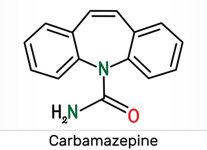 卡马西平，CBZ，C15H12N2O分子。抗惊厥镇痛药，用于治疗癫痫和三叉神经痛。骨骼化学式。