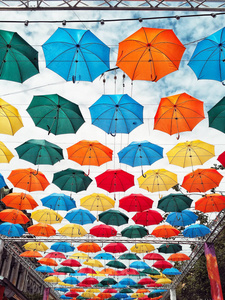 天空中鲜艳多彩的雨伞装饰图片