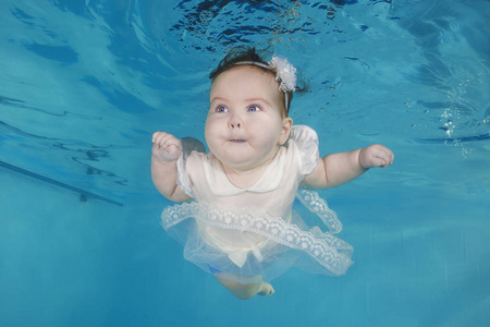 可爱的胖乎乎的小女孩穿着白裙子潜入水下游泳池照片