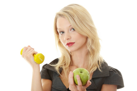健康 漂亮的 苹果 食物 肖像 女商人 女孩 人类 哑铃