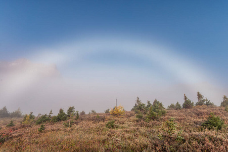 Natural fog bow on meadow with blue sky in national park 