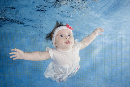 穿着白裙子的小女婴在水下游泳